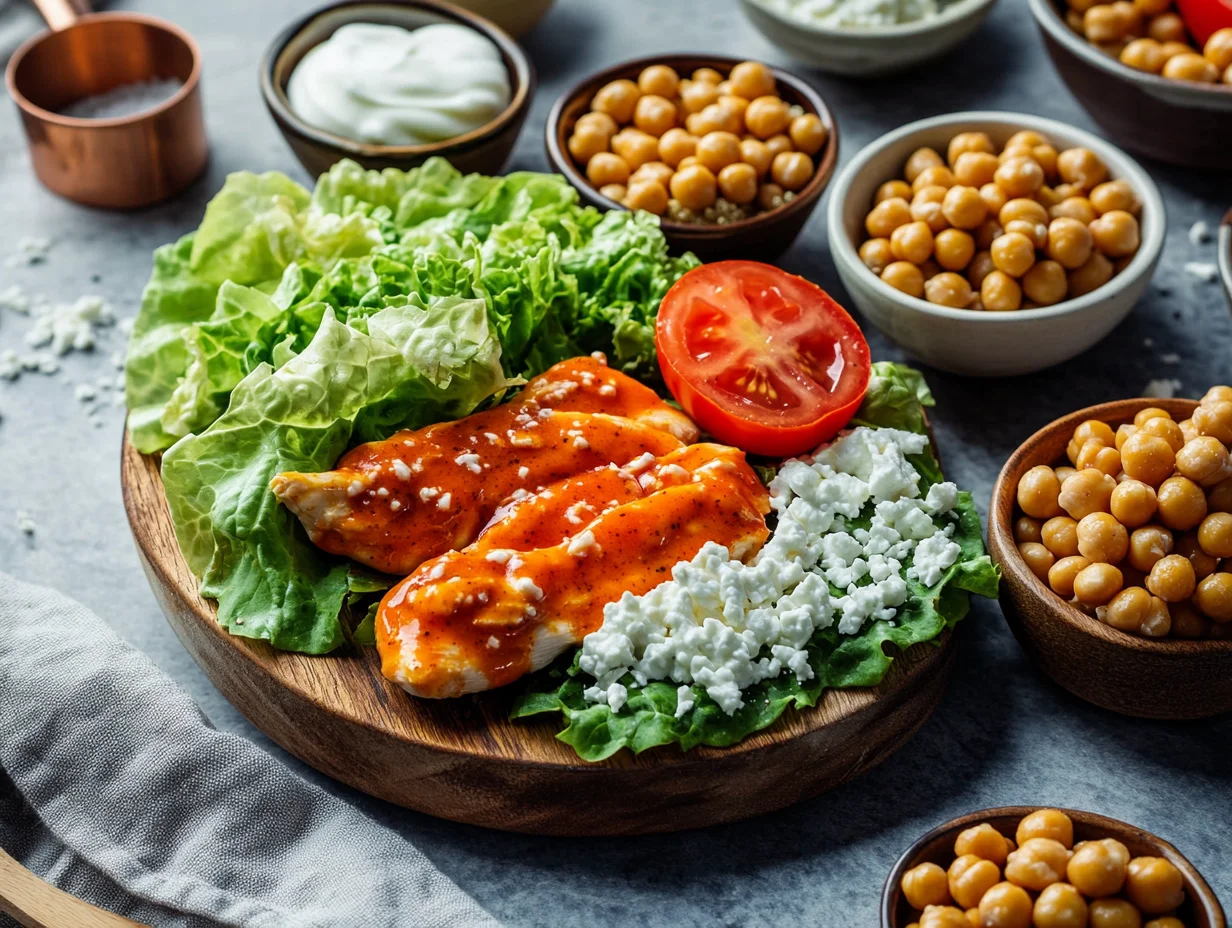 Fresh buffalo chicken protein bowl ingredients including diced chicken breast, crisp lettuce, and colorful vegetables