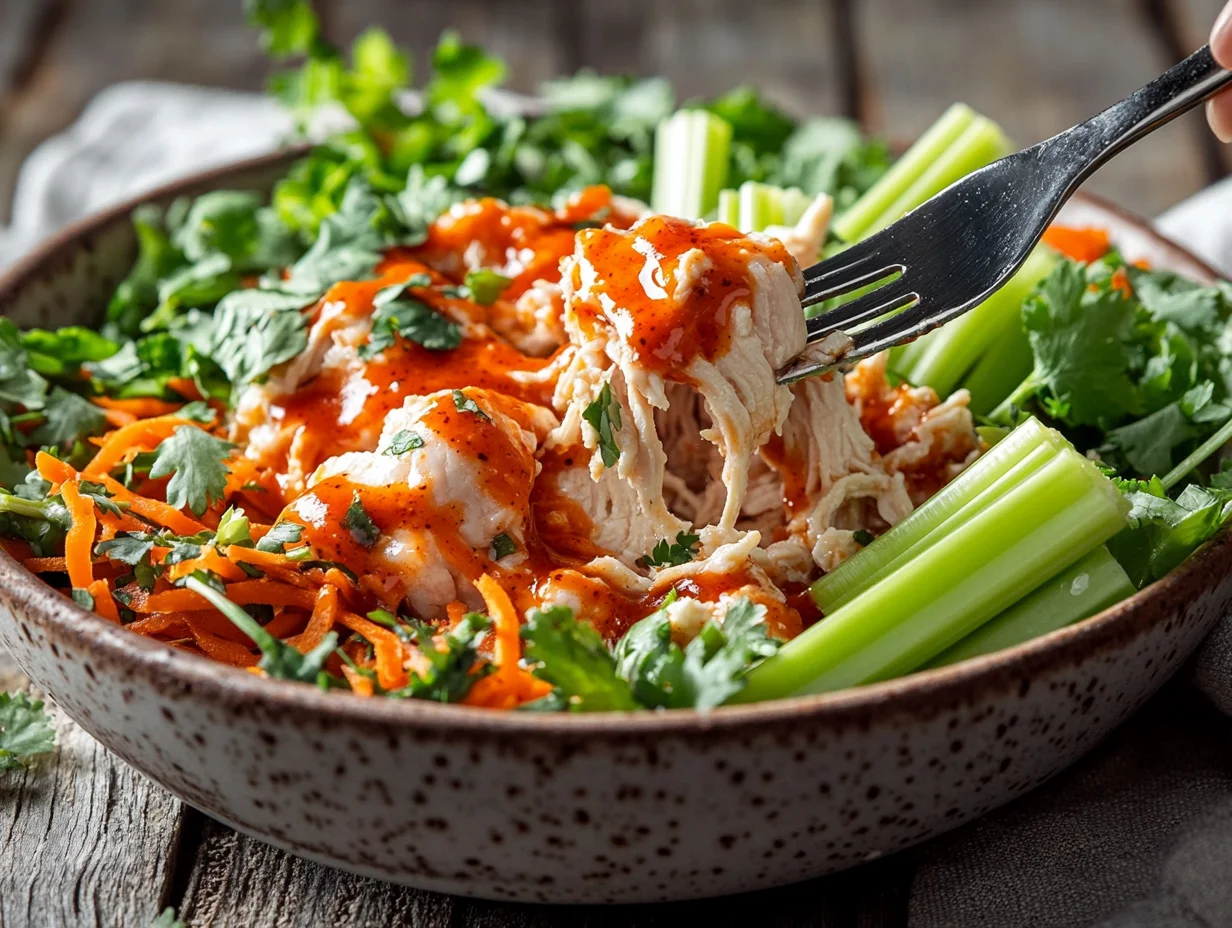Buffalo chicken protein bowl with grilled chicken, fresh greens, and creamy ranch dressing in a white ceramic bowl