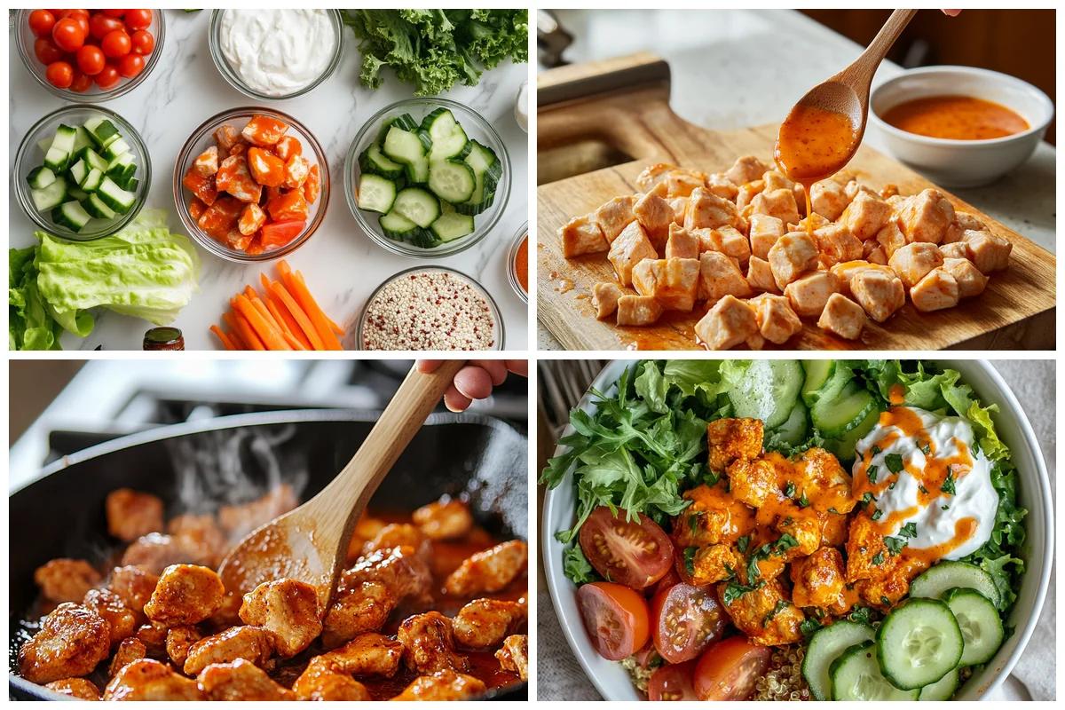 buffalo chicken protein bowl with shredded chicken, quinoa, and avocado in a white bowl