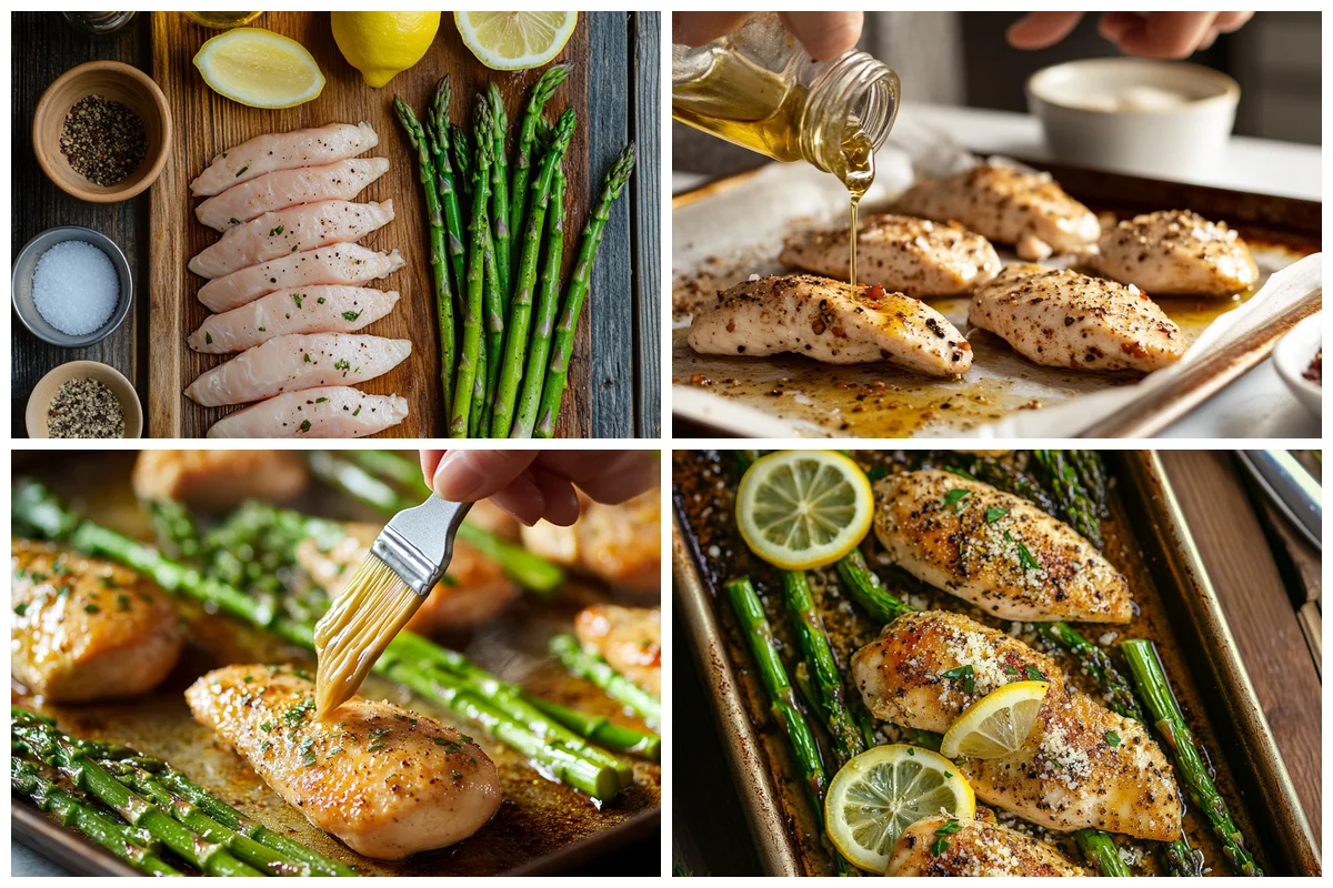 Chicken tenders and fresh asparagus arranged on sheet pan for roasting in Chicken & Asparagus Sheet Pan recipe (98 chars)