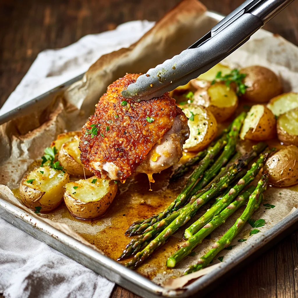 Chicken & Asparagus Sheet Pan serving with golden roasted chicken, crisp asparagus, and savory juices, 98 characters