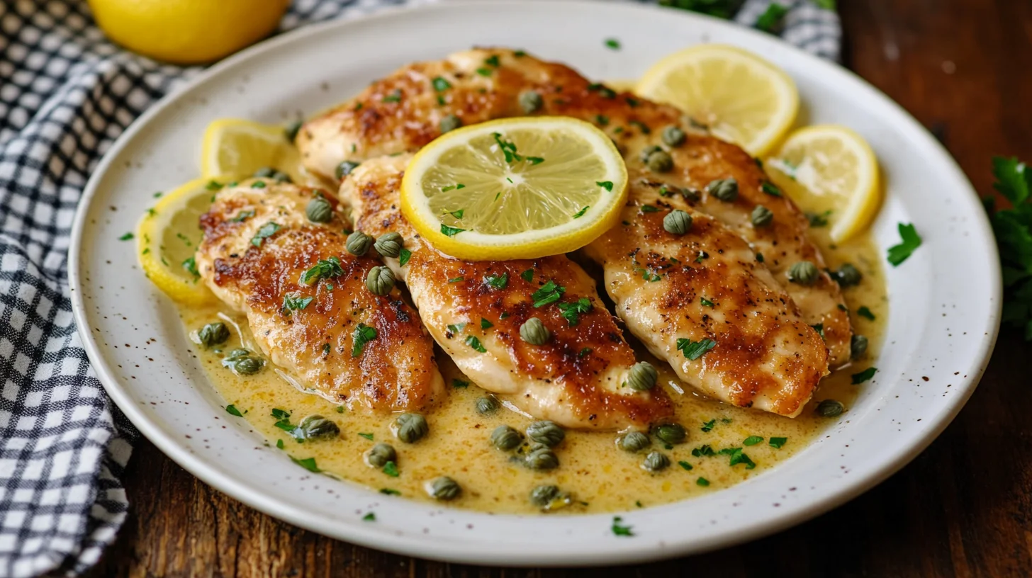 Golden chicken piccata with lemon slices and capers in buttery sauce on white plate with fresh parsley garnish