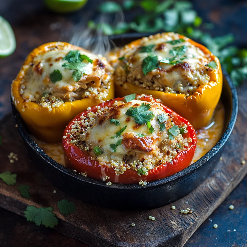 Chicken and Quinoa Stuffed Peppers with glossy sauce and golden edges in a white baking dish