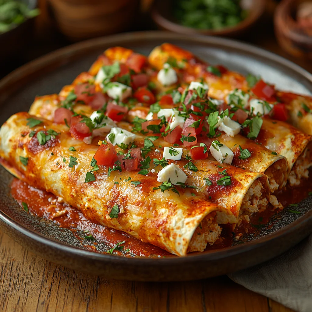 Cottage cheese chicken enchiladas with creamy white sauce in ceramic baking dish, golden edges and fresh herbs