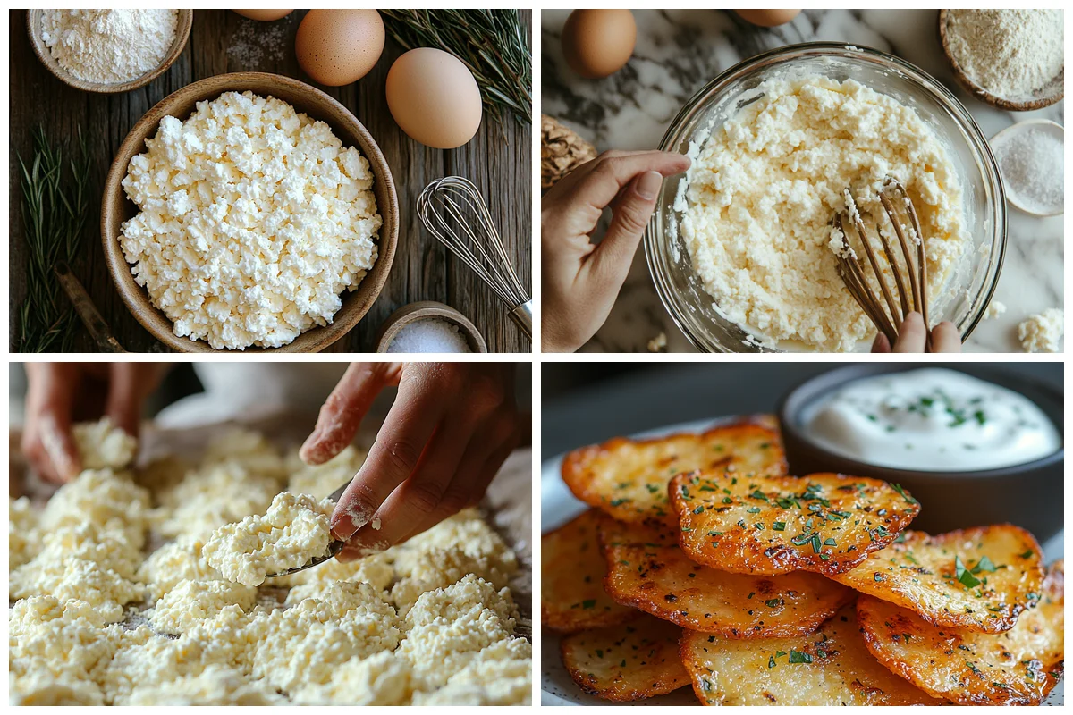 golden crispy cottage cheese chips baking in a white ceramic dish with fresh herbs sprinkled on top