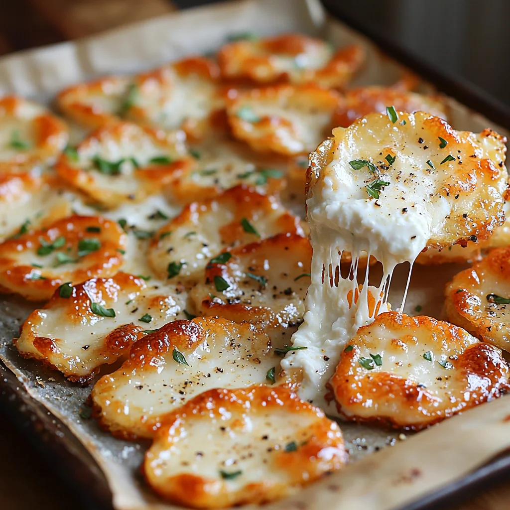 Cottage Cheese Chips with creamy sauce, golden edges, fresh herbs in an elegant white dish