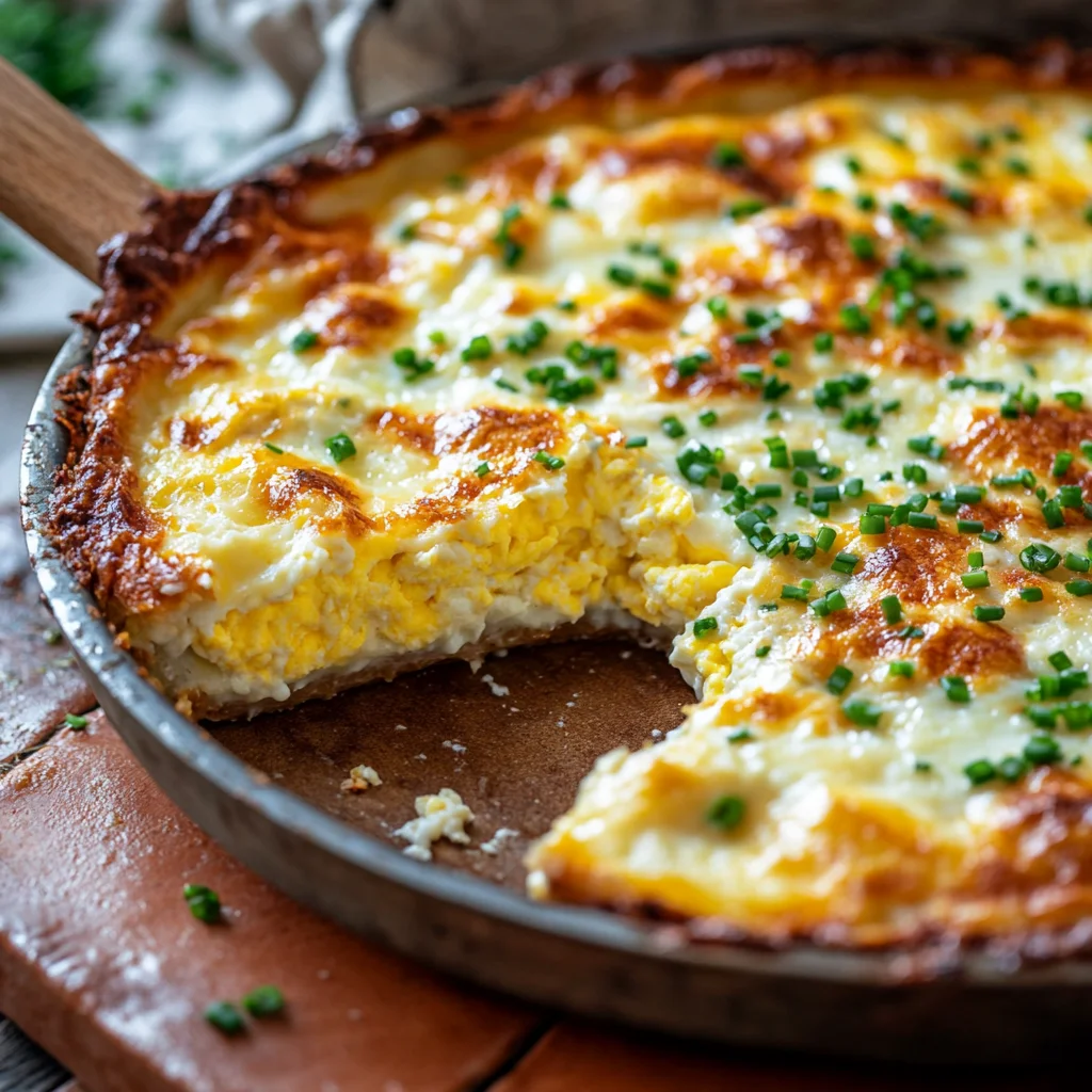 Golden cottage cheese egg bake with creamy texture and fresh herbs in white ceramic dish, perfectly baked edges