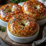 golden-brown 3 ingredient cottage cheese protein bagels with a glossy crust, topped with sesame seeds and fresh herbs