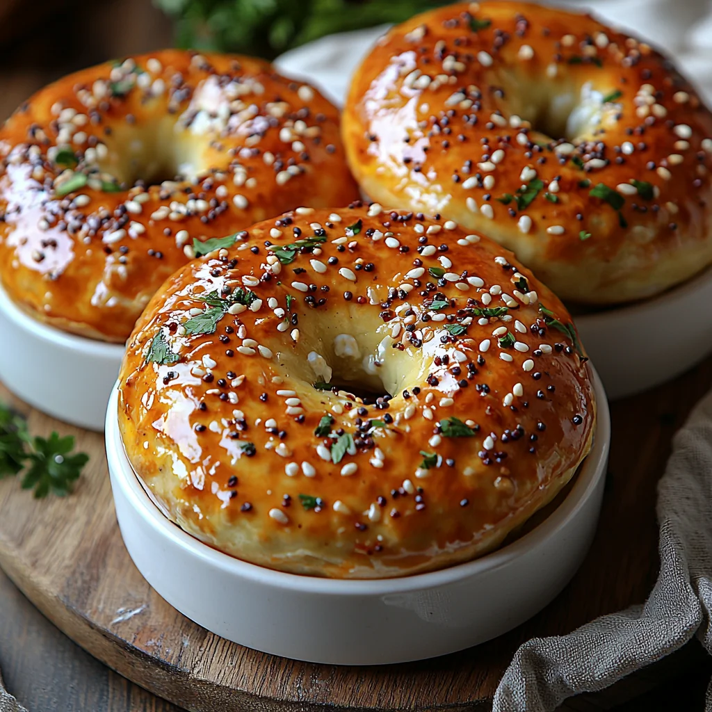 golden-brown 3 ingredient cottage cheese protein bagels with a glossy crust, topped with sesame seeds and fresh herbs