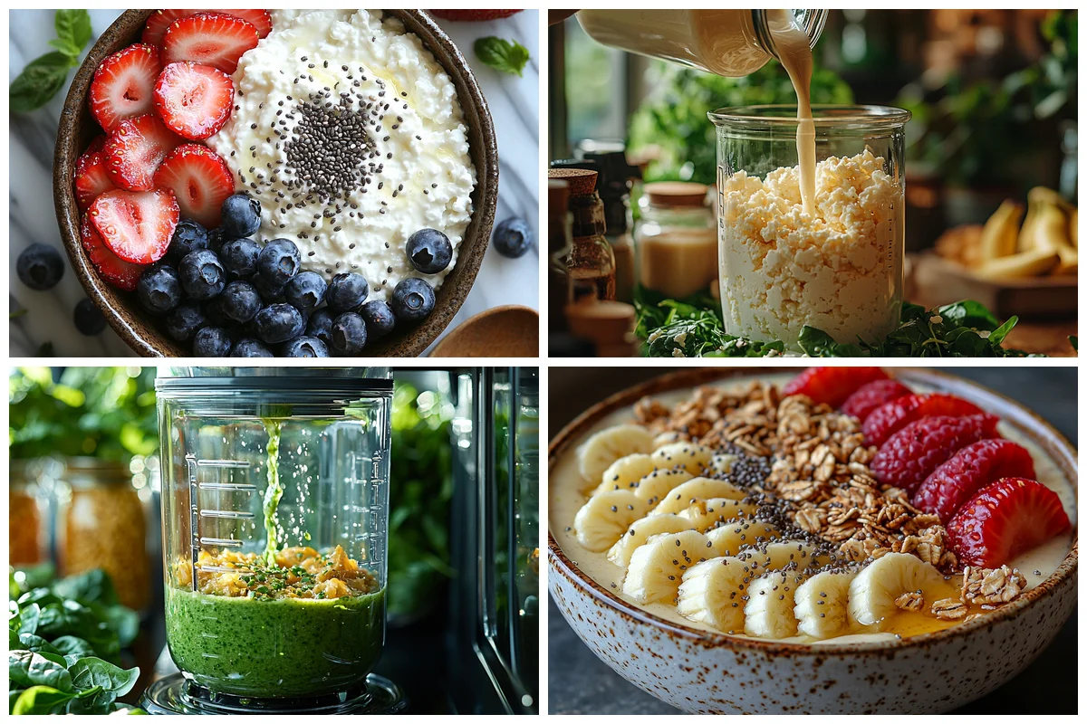 creamy cottage cheese smoothie bowl topped with fresh berries, granola, and honey drizzle