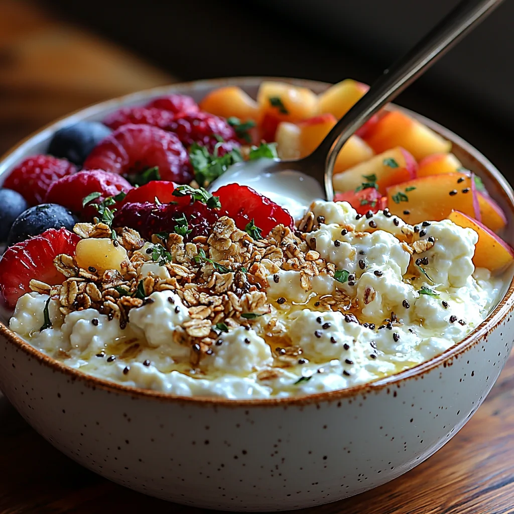 Cottage Cheese Smoothie Bowl with glossy sauce and fresh herbs in elegant white dish
