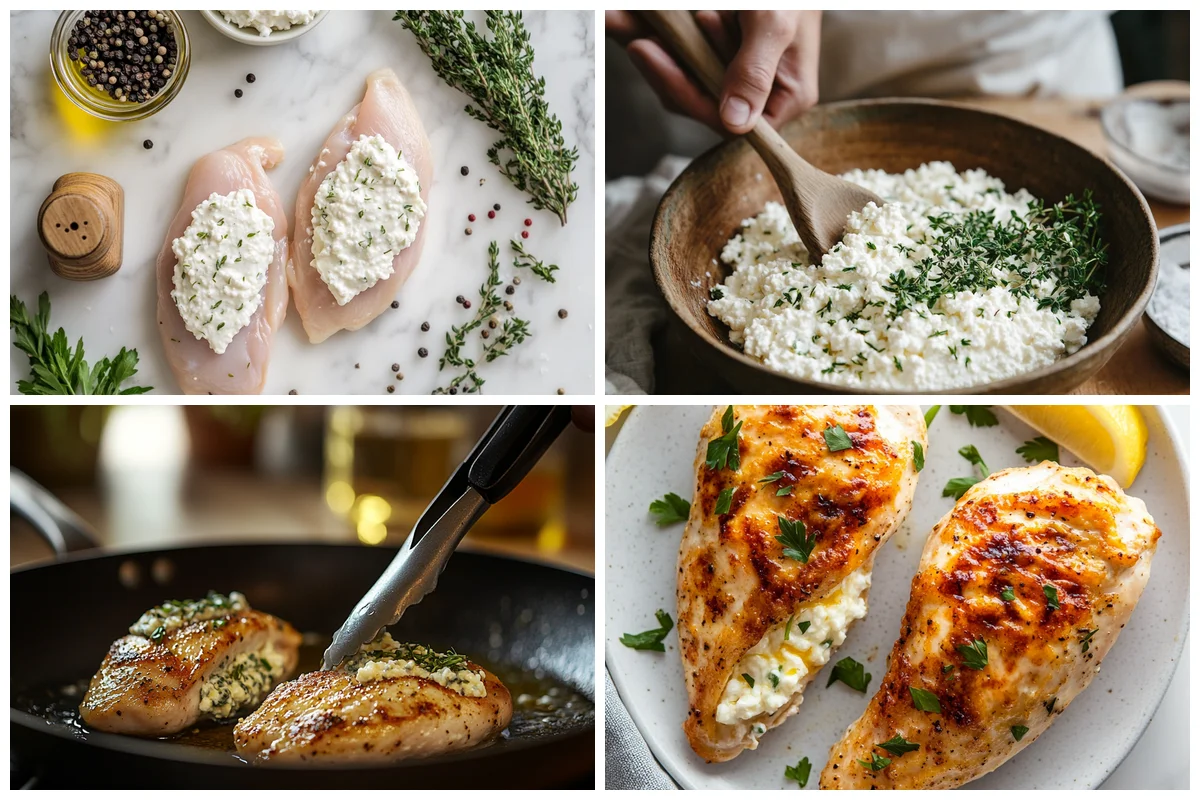 Cottage cheese stuffed chicken breast being prepared with filling visible inside the meat
