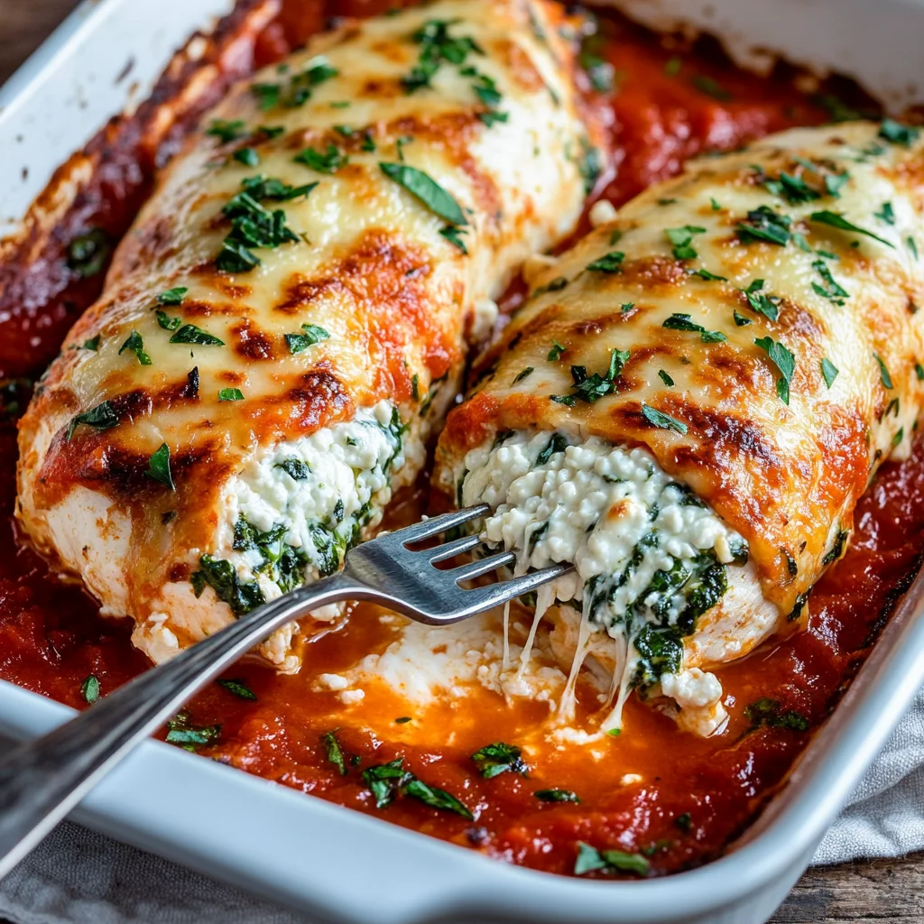 Cottage Cheese Stuffed Chicken Breast served on plate with melted cheese and herbs, 98 chars