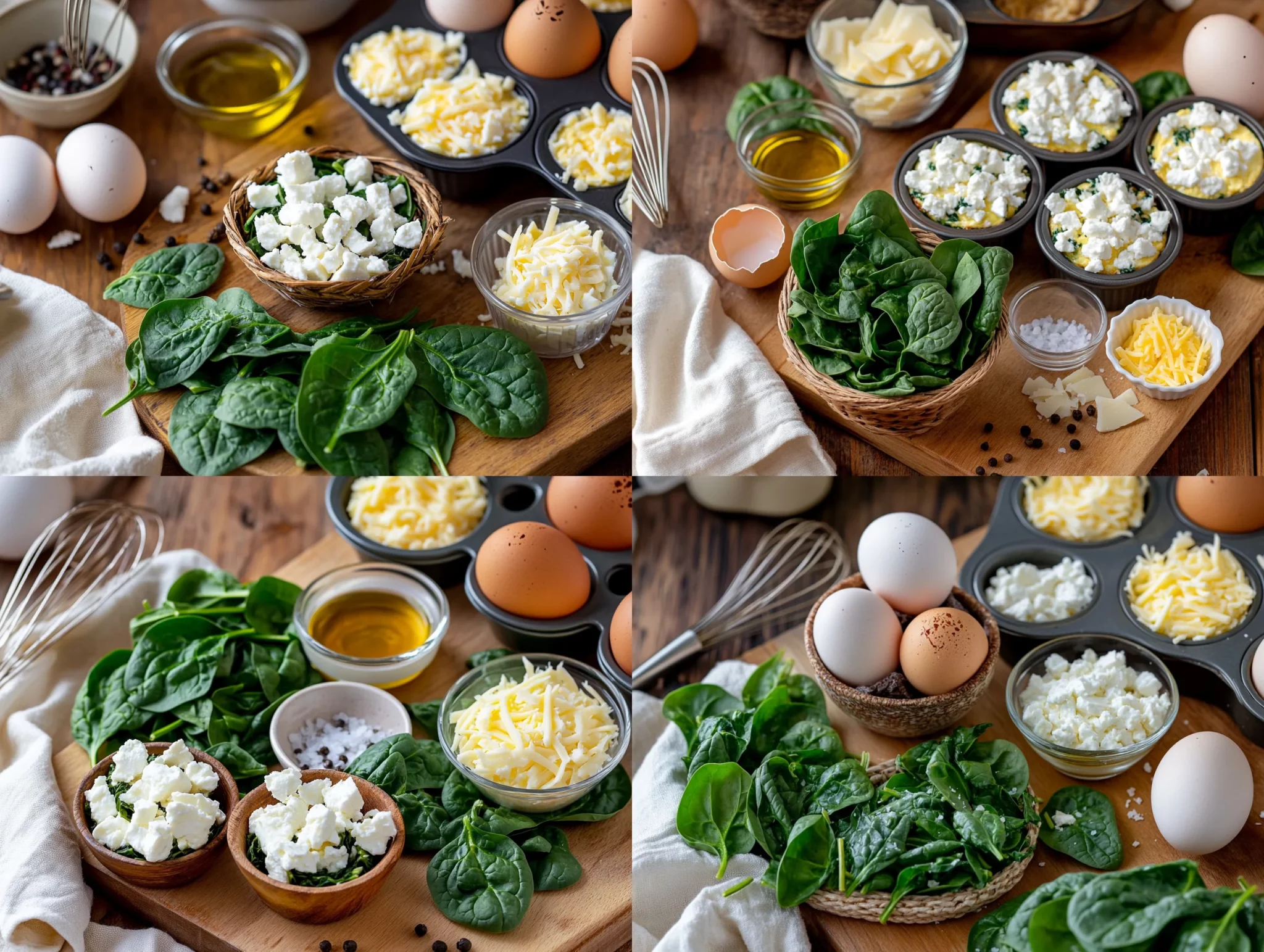fresh spinach leaves and crumbled feta cheese for egg muffins with spinach and feta recipe