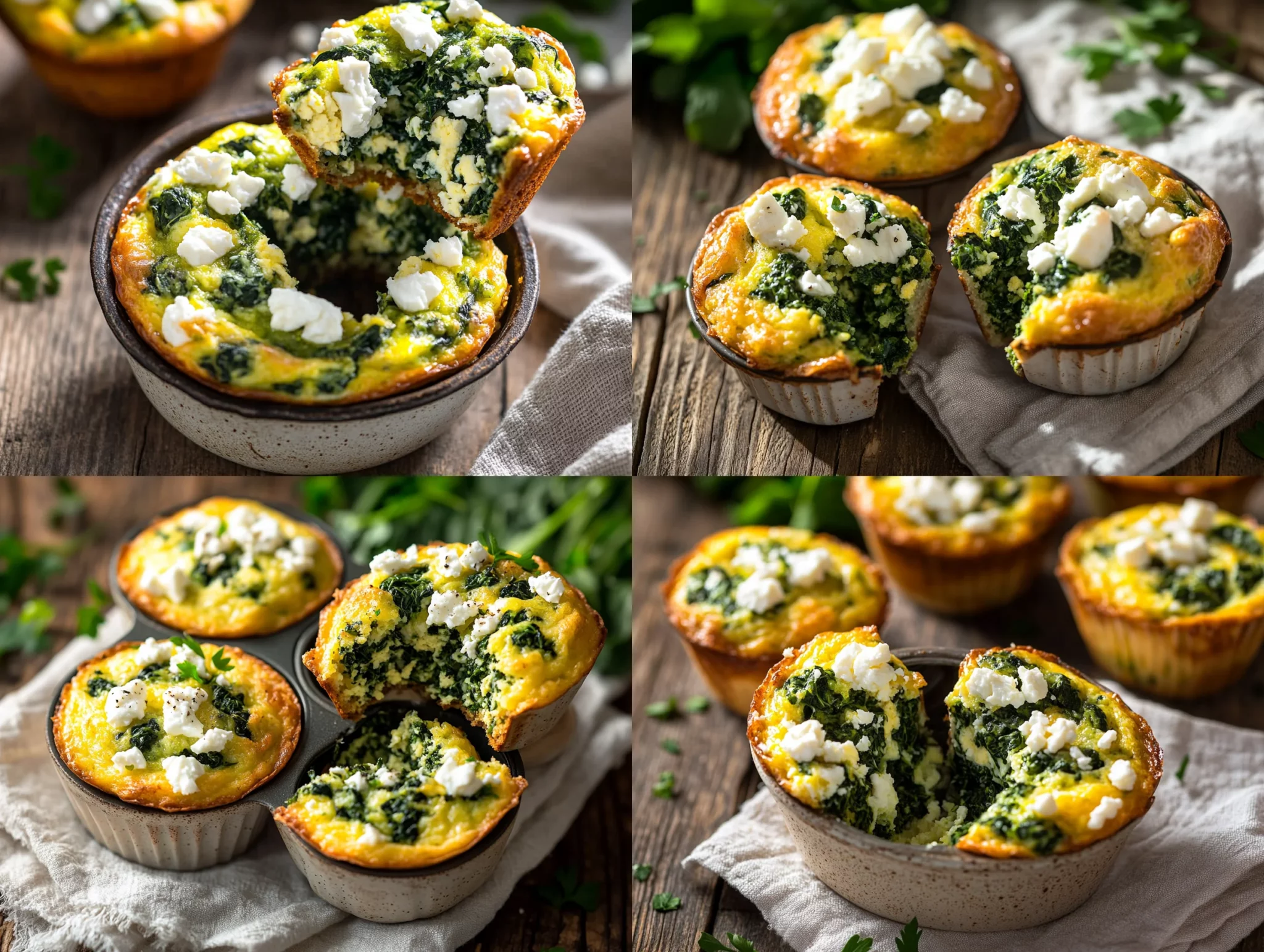golden egg muffins with spinach and feta, perfectly baked and ready to serve