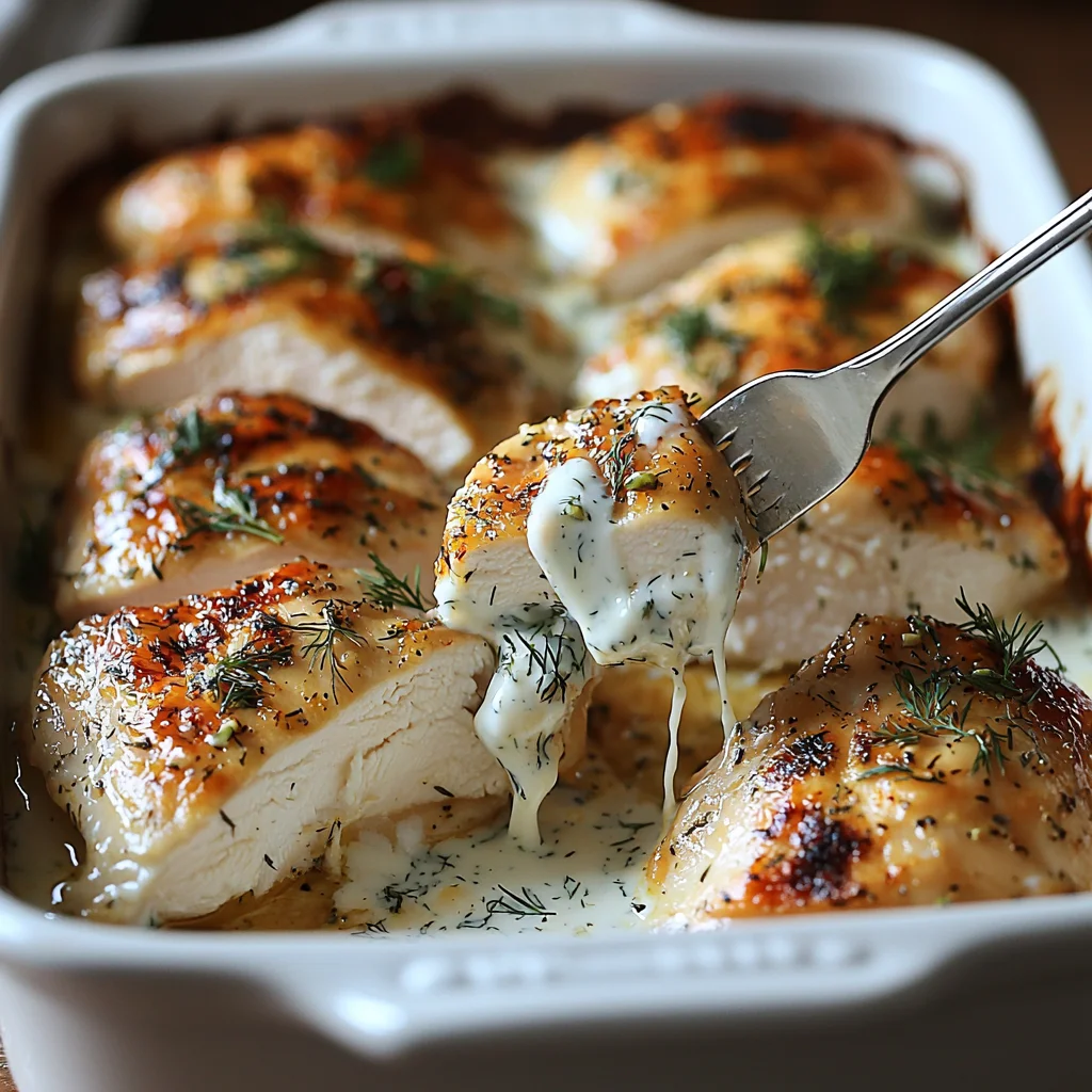 Greek yogurt chicken with creamy golden sauce coating tender pieces, fresh herbs sprinkled on top in white ceramic dish