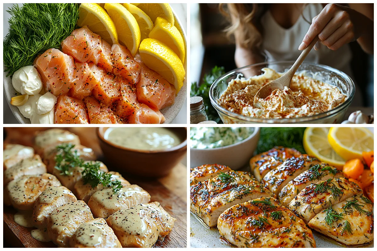 Greek Yogurt Chicken with creamy sauce coating and fresh herbs in a white baking dish