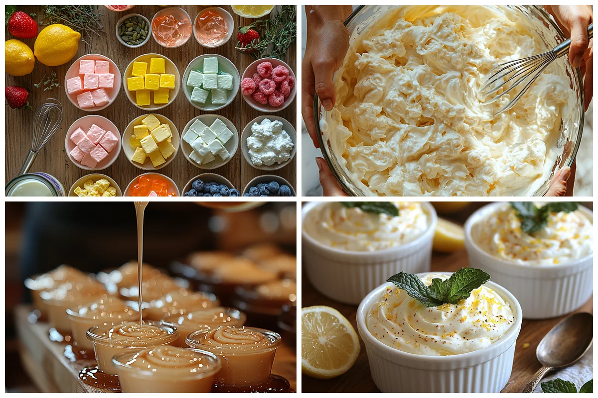 Greek yogurt jello dessert with creamy glossy texture and golden edges in white ceramic dish