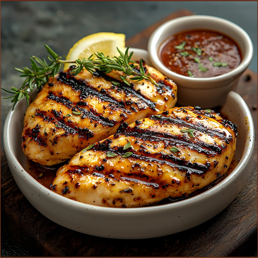 Grilled Chicken Protein Snack with glossy sauce, roasted edges, and fresh herbs in white ceramic dish