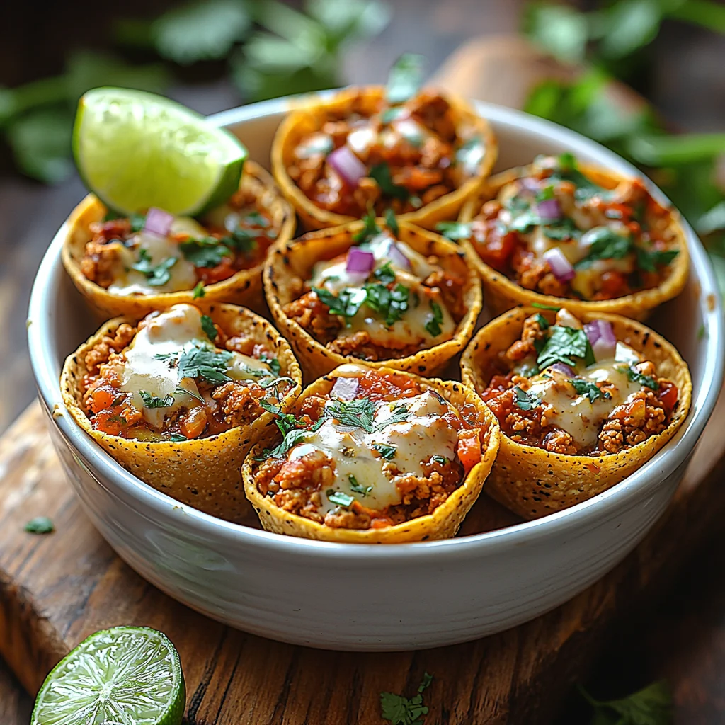 Ground turkey taco bites with melted cheese and fresh cilantro in white ceramic dish, golden edges and glossy coating