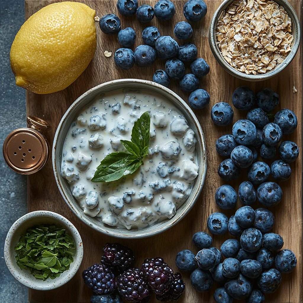 Close-up of creamy blueberry cottage cheese bake with golden edges and fresh herbs.