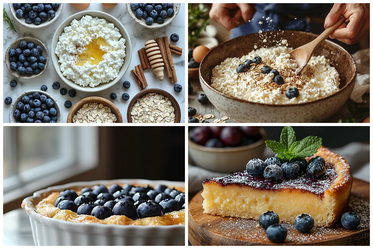 golden high-protein blueberry cottage cheese breakfast bake with creamy glaze and fresh blueberries in a white ceramic dish
