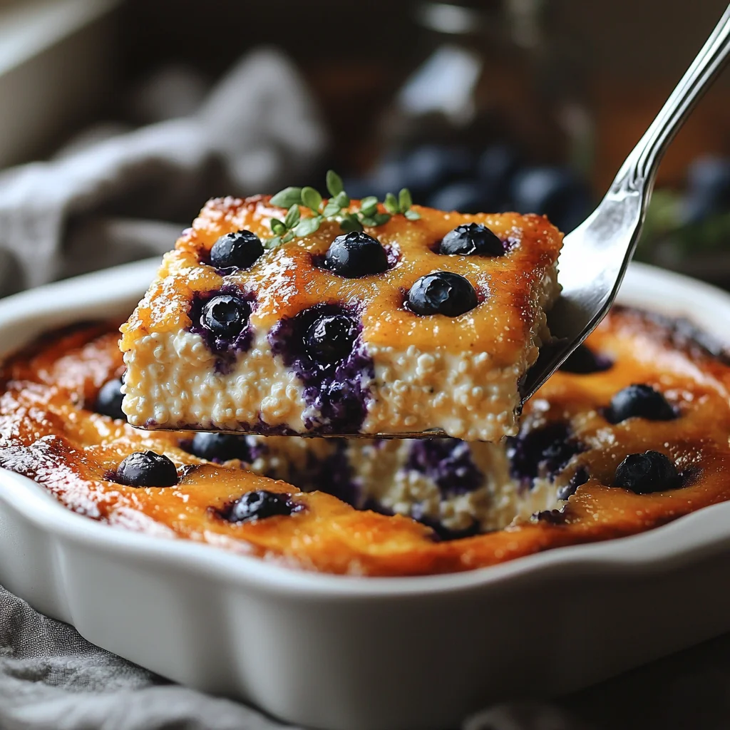 High-protein blueberry cottage cheese breakfast bake with golden edges and creamy texture in white ceramic dish