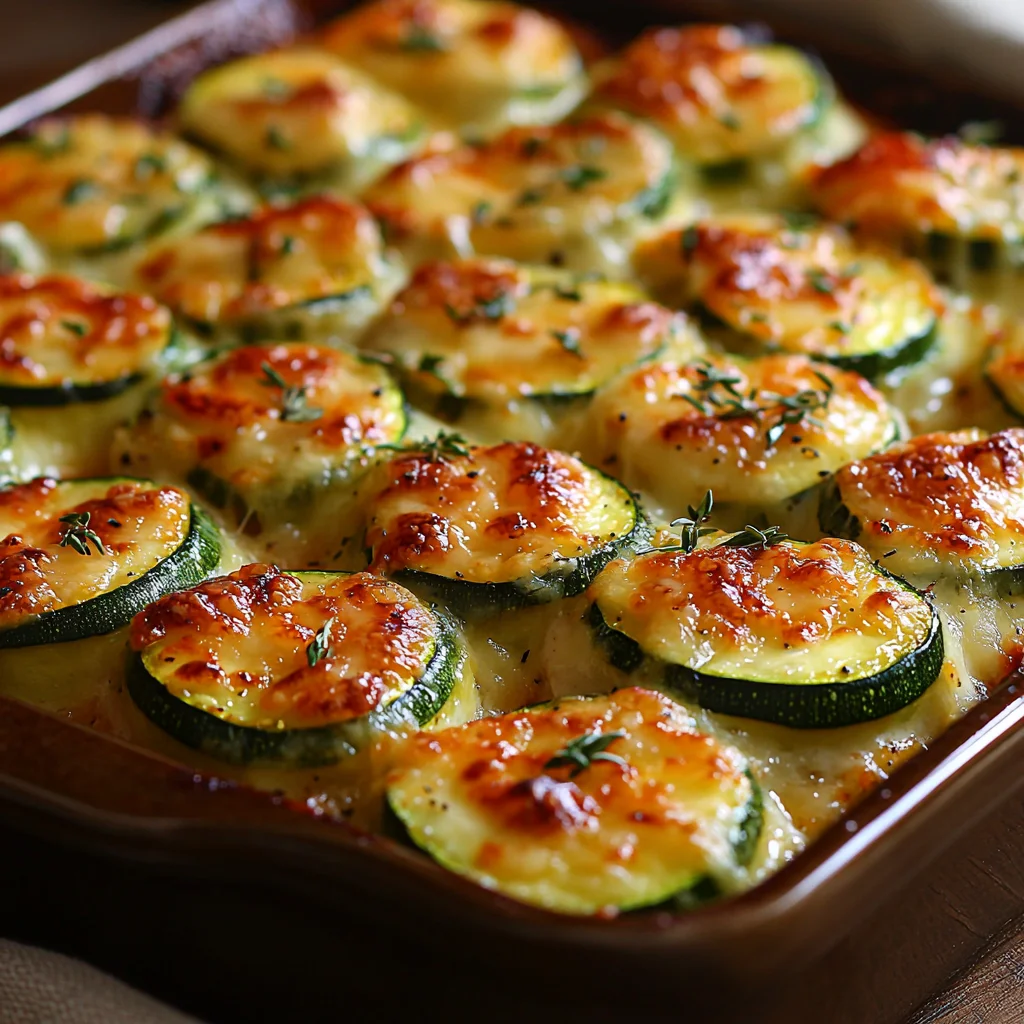 High protein chicken zucchini bake with golden roasted edges, creamy sauce coating, and fresh herbs in white ceramic dish