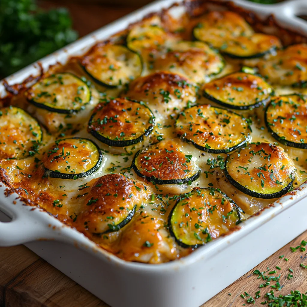 golden chicken zucchini bake with creamy sauce bubbling in ceramic dish, fresh parsley garnish