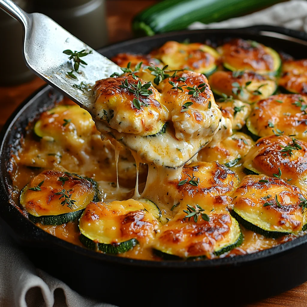 High Protein Chicken Zucchini Bake with creamy sauce, golden edges, and fresh herbs