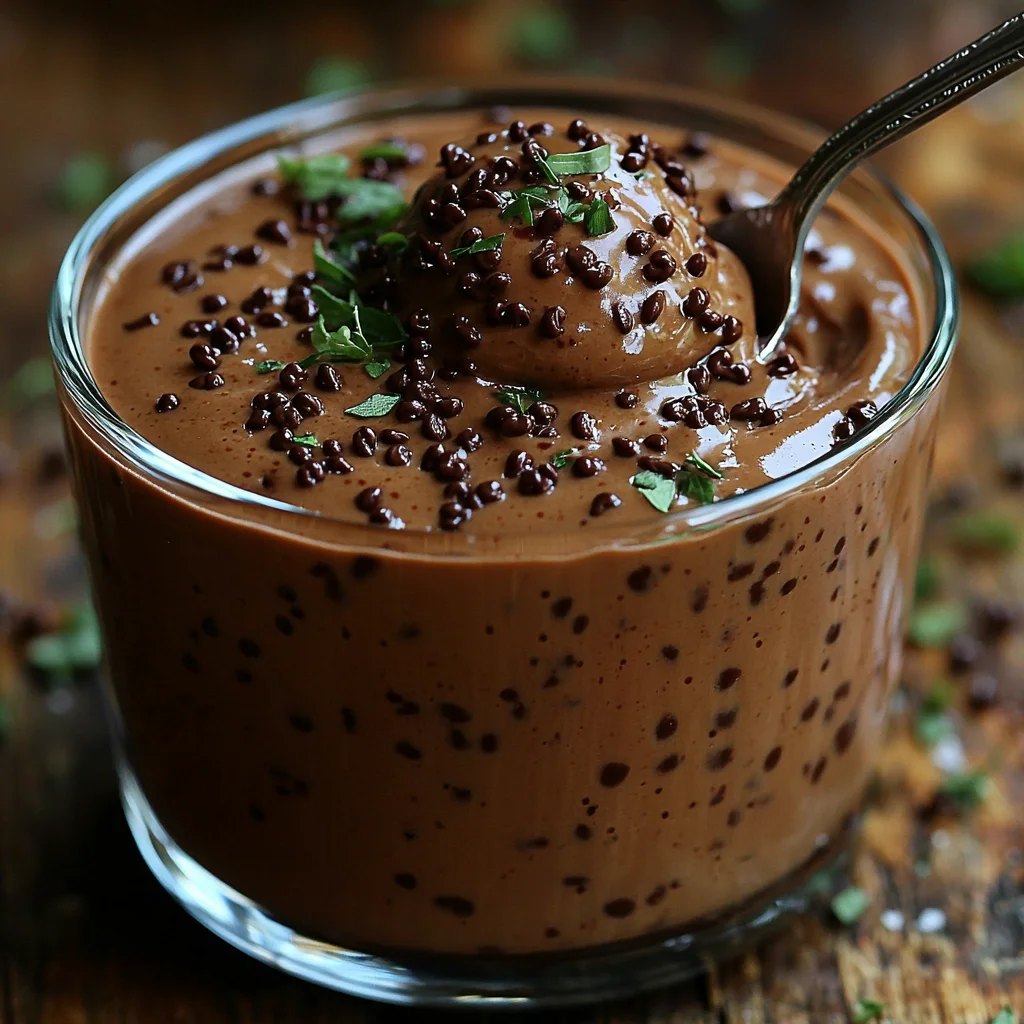 High Protein Chocolate Pudding with creamy glossy sauce and fresh herbs in an elegant white dish