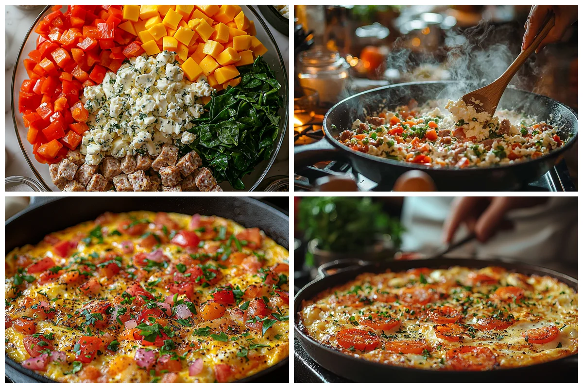 High protein egg bake frittata with golden edges and fresh herbs in white ceramic dish, close-up food photography