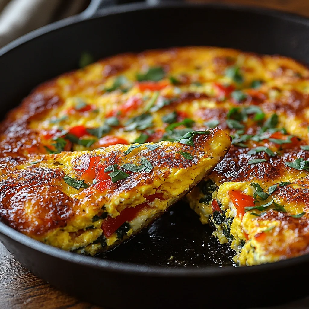 High protein egg bake frittata slice with golden edges, fresh herbs, and creamy texture in white ceramic dish
