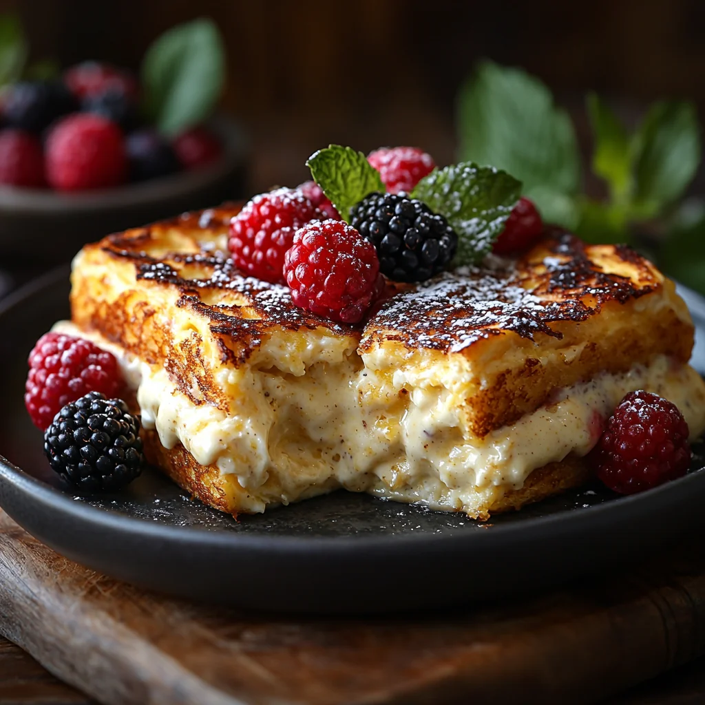 High Protein French Toast Casserole with glossy sauce and golden roasted edges in a white ceramic dish