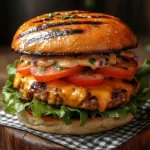High Protein Turkey Burger with creamy sauce, golden edges, fresh herbs, and rich textures