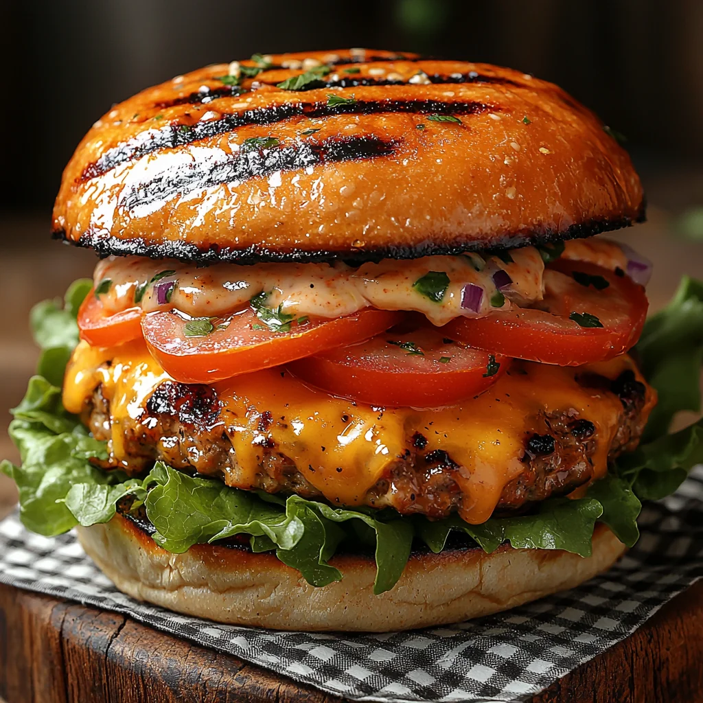 High Protein Turkey Burger with creamy sauce, golden edges, fresh herbs, and rich textures