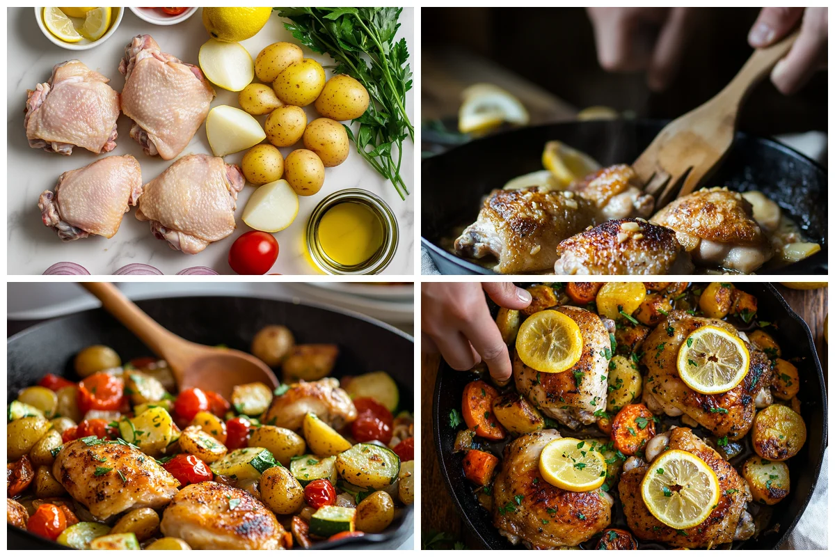 Lemon garlic chicken skillet with fresh herbs and pan-seared chicken pieces