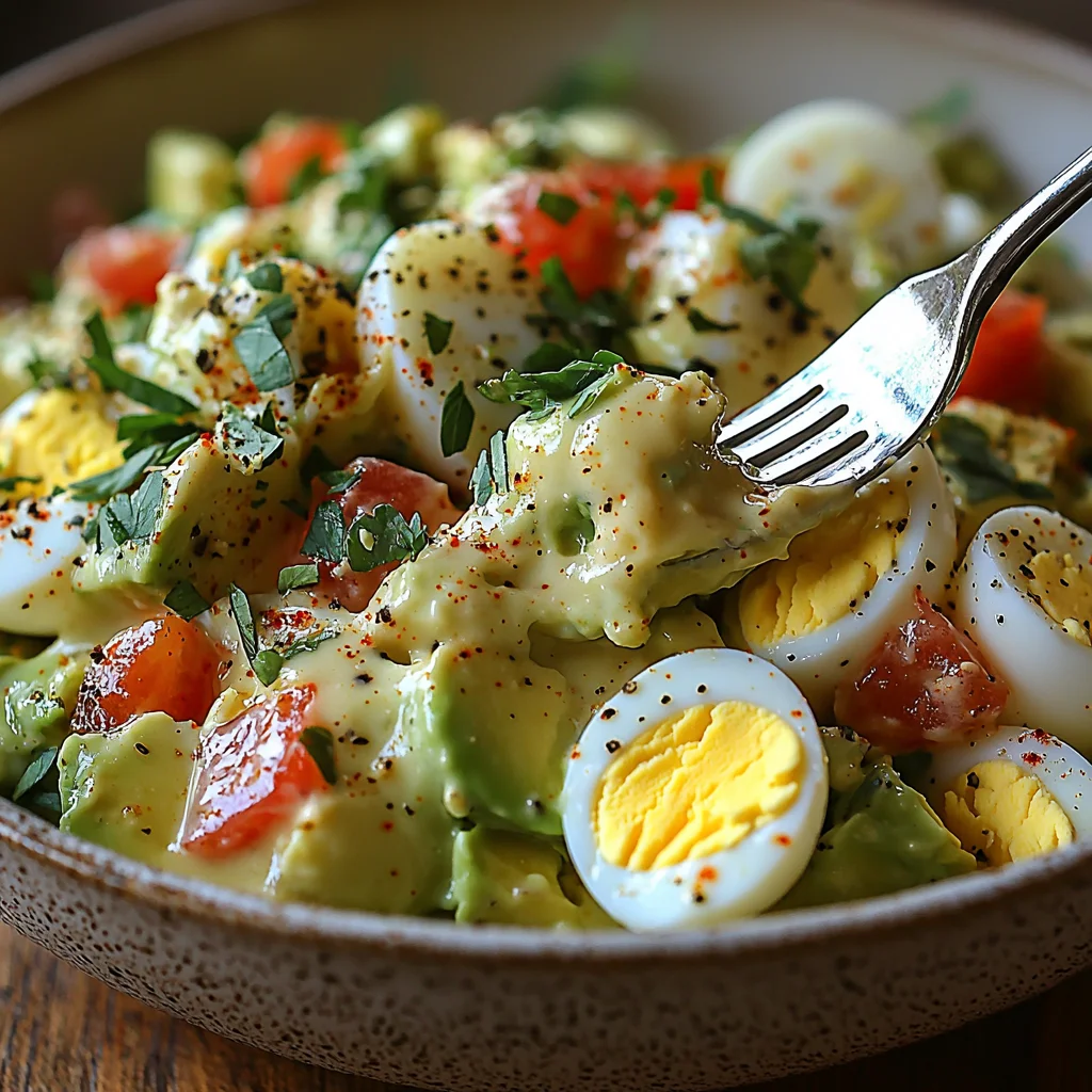 Creamy Mediterranean avocado egg salad with fresh herbs, golden roasted edges, and glossy sauce in a white ceramic dish