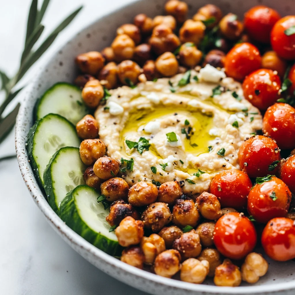 Mediterranean chickpea meal prep bowl with golden roasted chickpeas, creamy tahini sauce, and fresh herbs in white dish