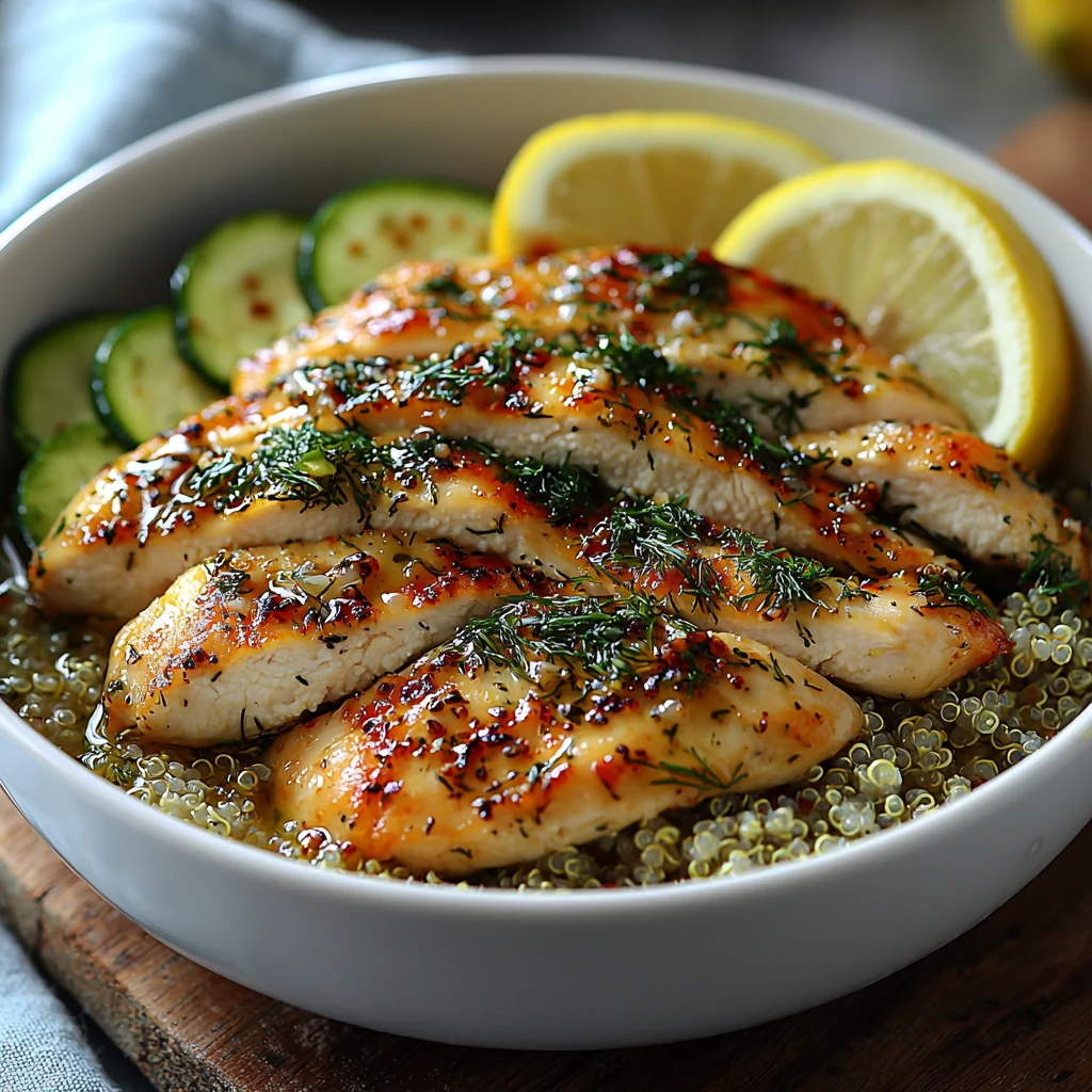 creamy lemon dill chicken bowl with golden roasted edges, fresh herbs, and glossy sauce coating tender potatoes