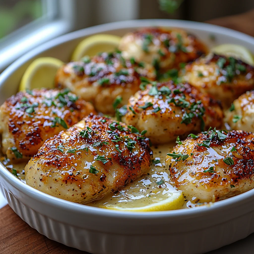 juicy lemon garlic chicken breasts with golden crust in ceramic baking dish, surrounded by roasted potatoes coated in glossy