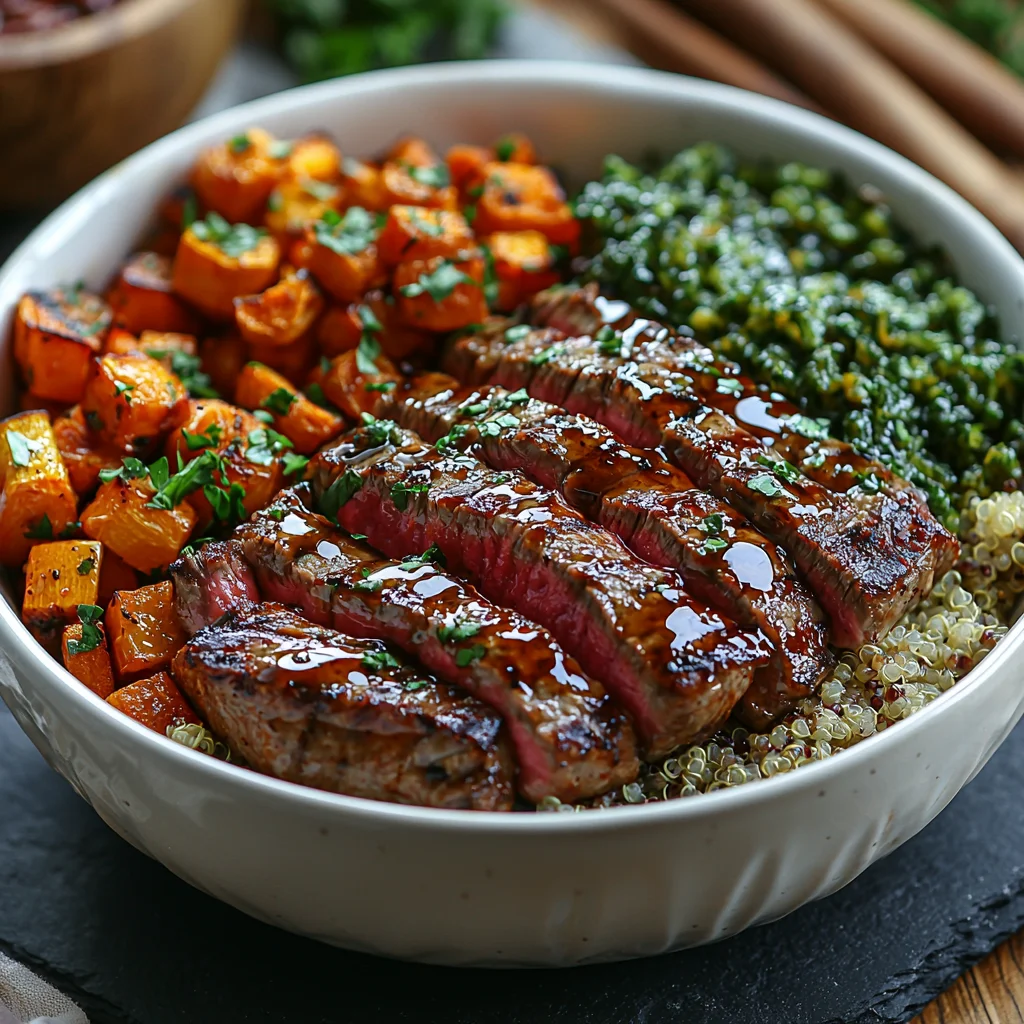 Perfect Steak and Veggie Power Bowl with glossy sauce coating tender beef, roasted vegetables, and fresh herbs