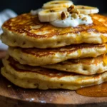 Stack of golden protein banana pancakes with glossy maple syrup dripping down sides and fresh banana slices on top