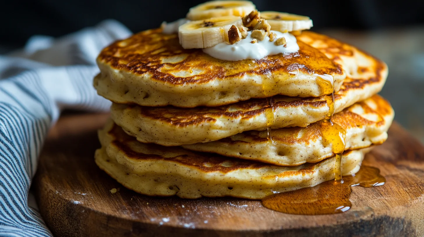Stack of golden protein banana pancakes with glossy maple syrup dripping down sides and fresh banana slices on top