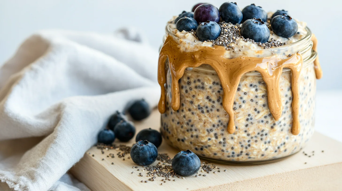 Creamy protein overnight oats topped with fresh berries and a drizzle of honey