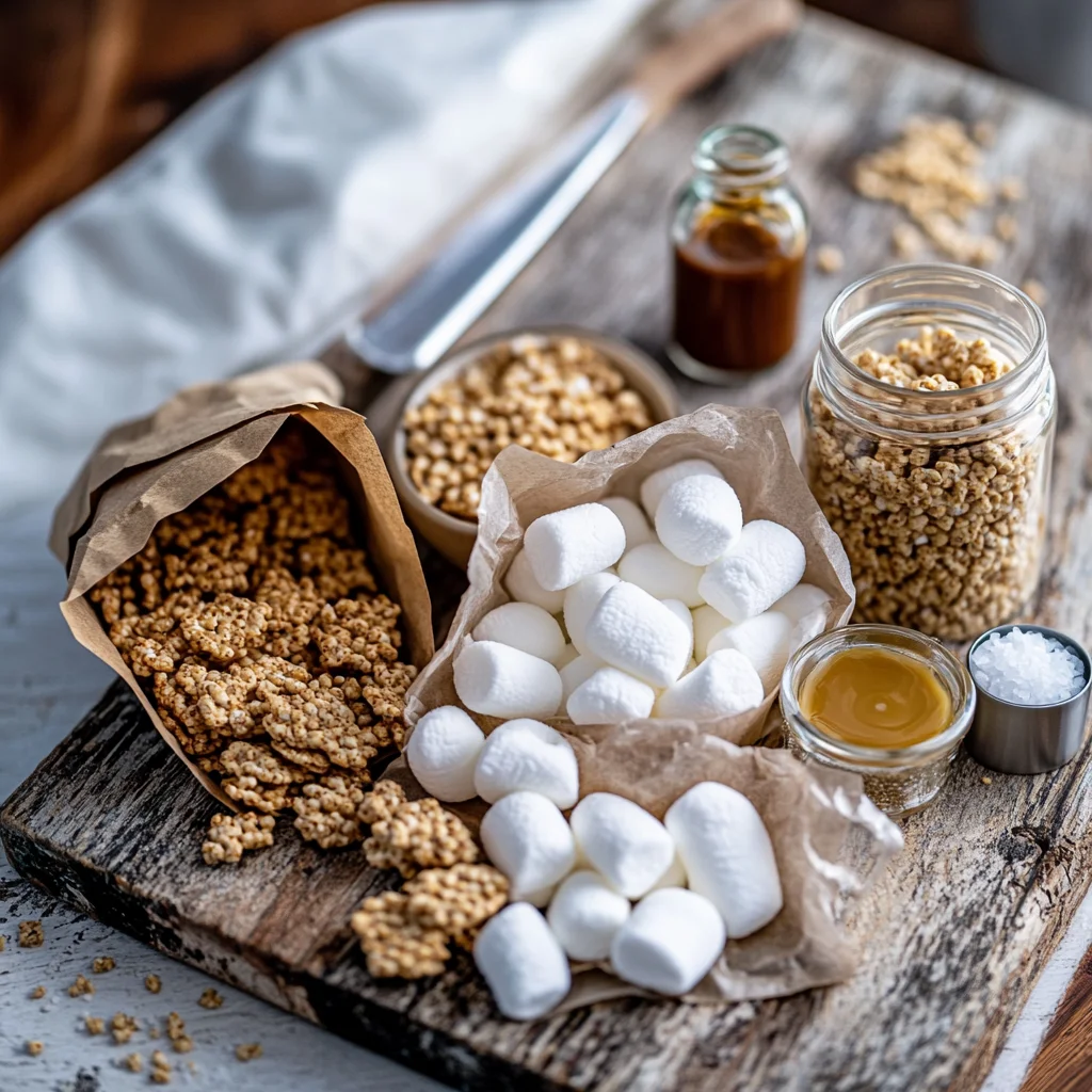 ingredients for Protein Rice Krispie Treats including protein powder and marshmallows