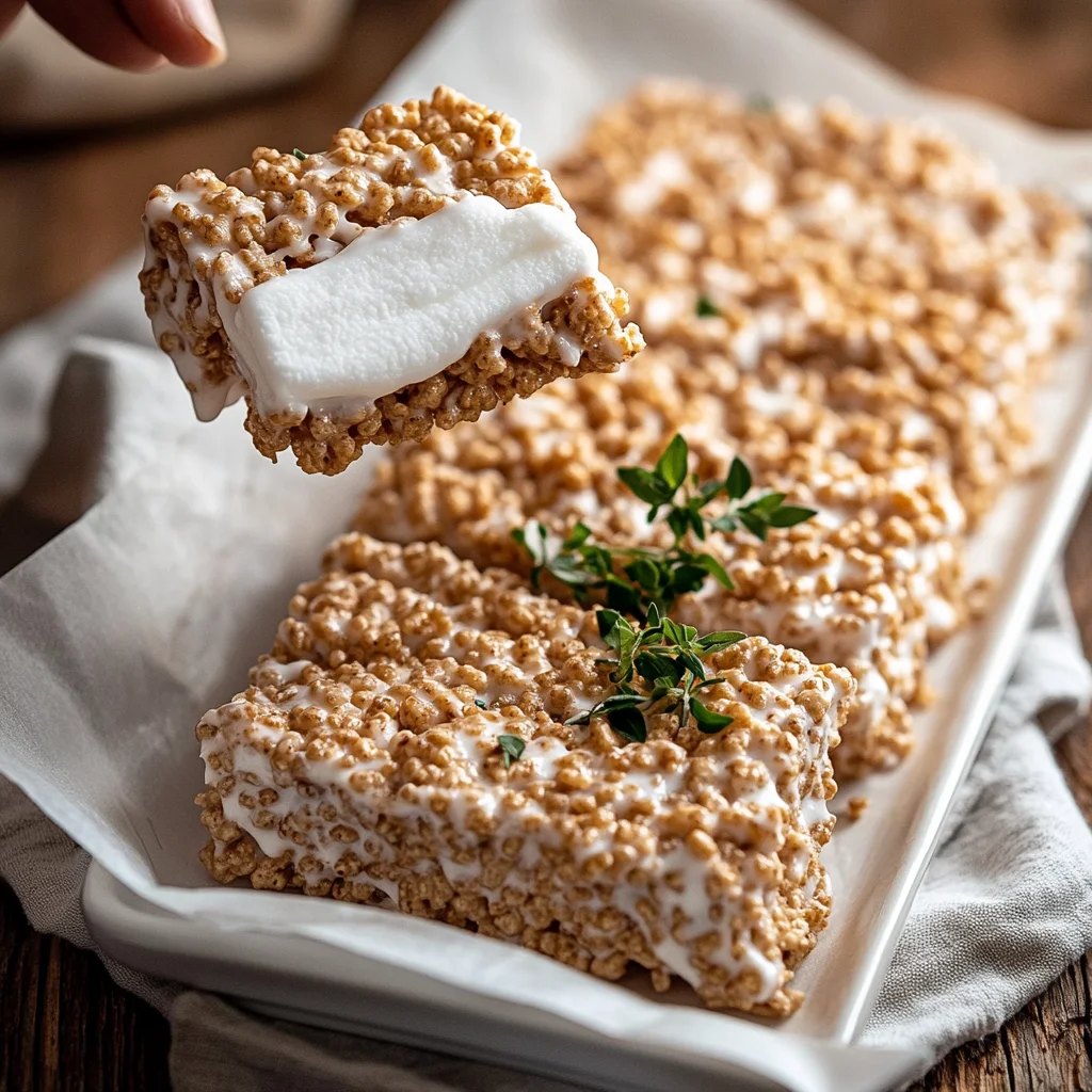 Protein Rice Krispie Treats with marshmallows and protein powder, perfectly cut into squares on a white plate