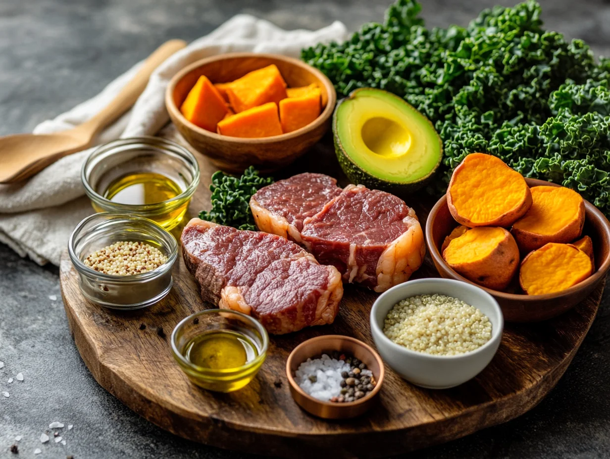 ingredients for Steak and Sweet Potato Protein Bowl with fresh herbs and spices