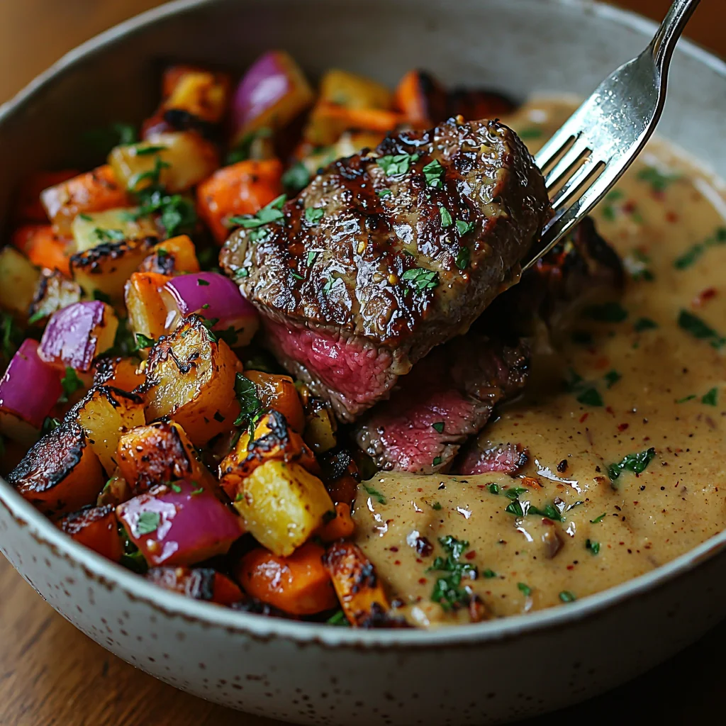 juicy steak and veggie power bowl with roasted potatoes, crisp veggies, and glossy sauce in white ceramic dish
