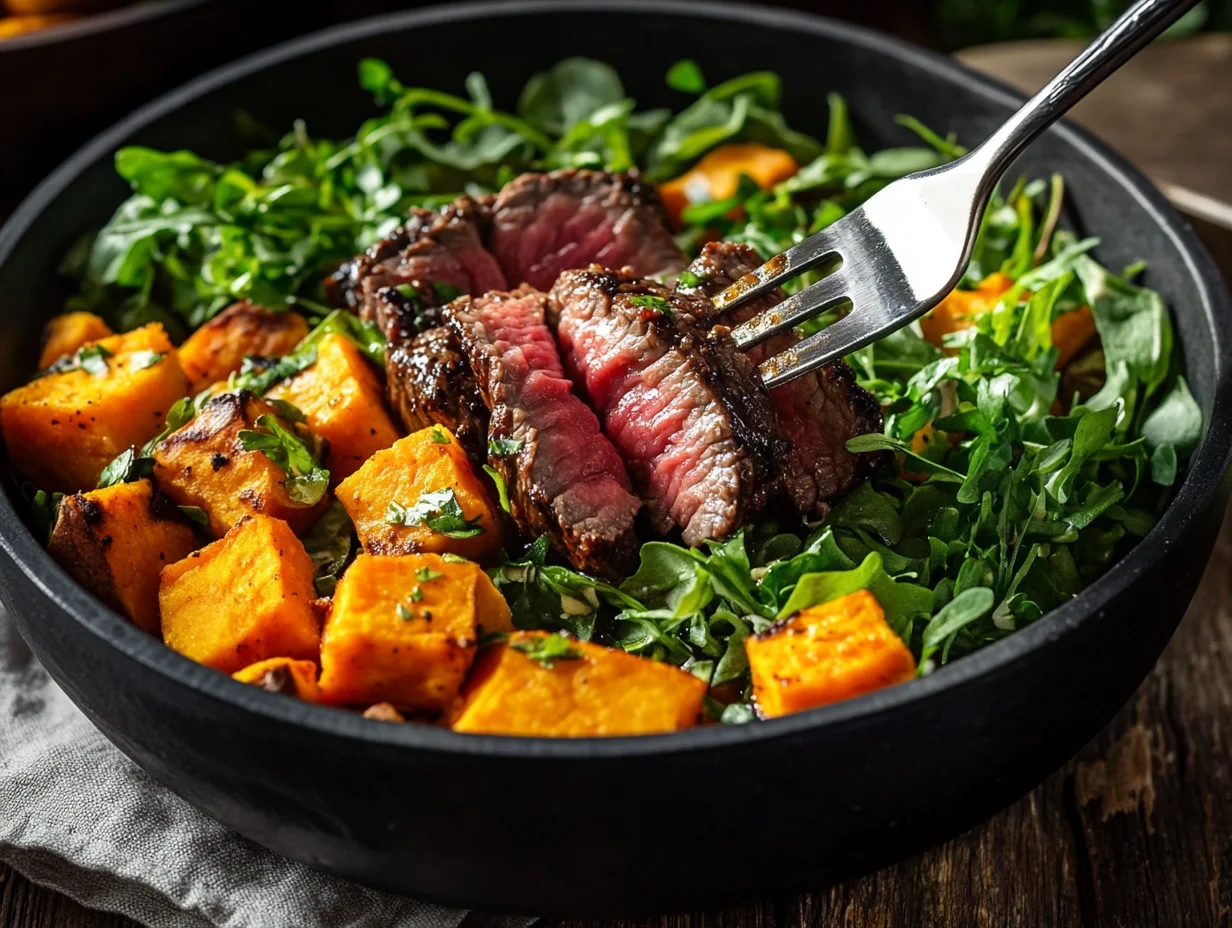 Steak and sweet potato protein bowl with tender sliced beef, roasted orange sweet potatoes, and fresh greens in white bowl